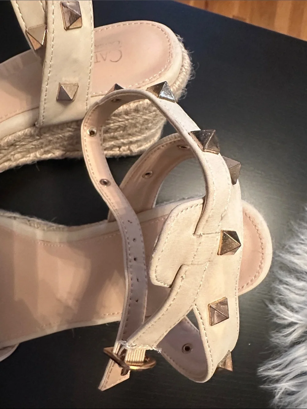 Catherine Malandrino Beige Studded Ankle-Strap Wedge Espadrilles